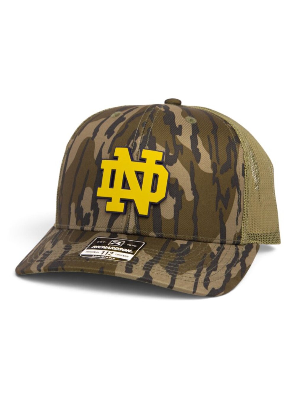 Notre Dame Fighting Irish Gold 3D Snapback Trucker Hat- Mossy Oak Bottomland